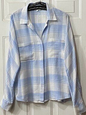 Vince Womens Sz L Flannel Blouse Popover Long Sleeve White/Light Blue Plaid